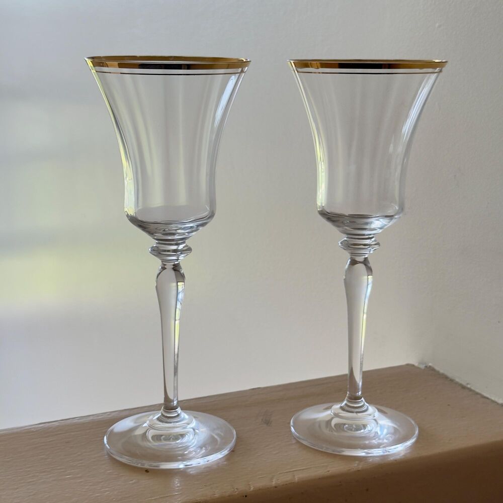 Vintage Mikasa Jamestown Clear Gold Trim Crystal Wine Glasses / Water Goblets